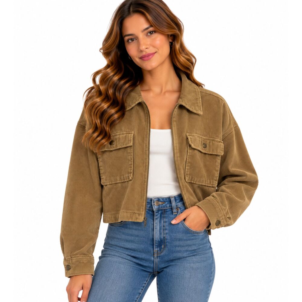 Celebrity Pink Cropped Corduroy Utility Jacket Camel Brown Tan Size M